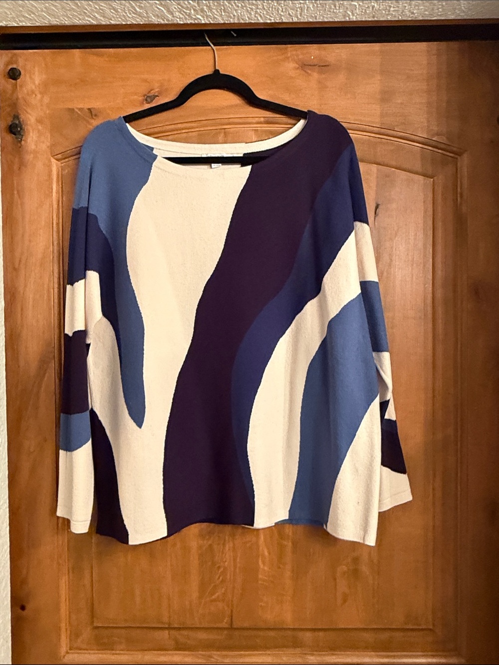 Chico's Cream, Navy and Blue Abstract Wave-Print Top